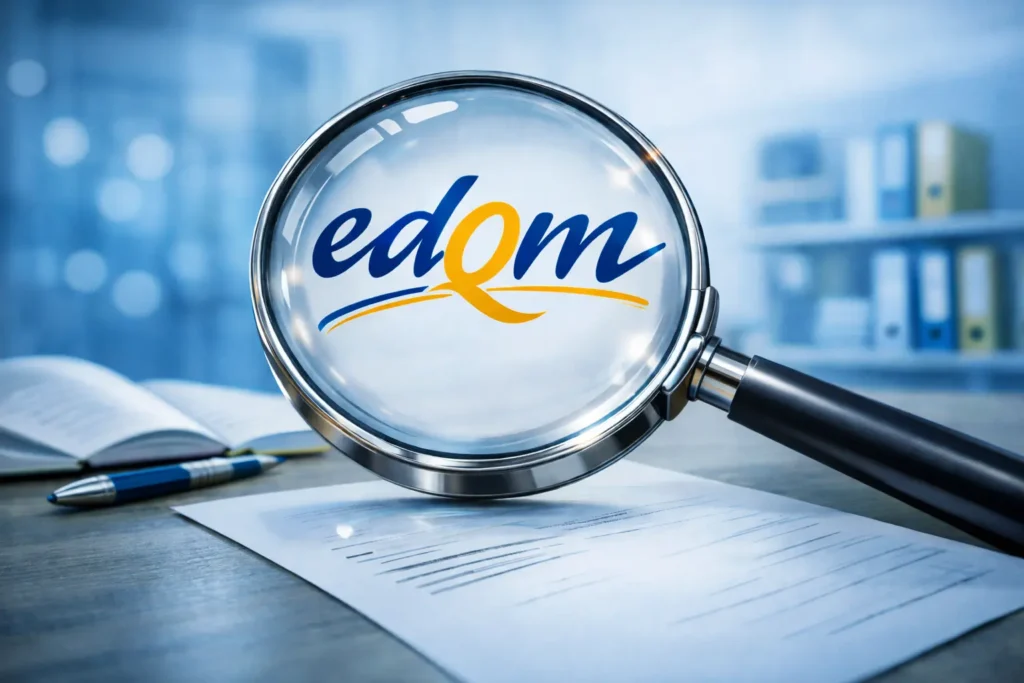 Lente di ingrandimento su documento con logo EDQM in evidenza su scrivania da ufficio