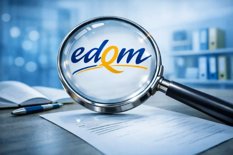 Lente di ingrandimento su documento con logo EDQM in evidenza su scrivania da ufficio